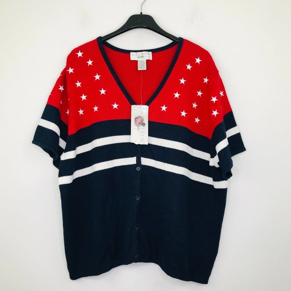 Norton Studio 3X Sweater Red Blue Stars Stripes Short Sleeve Patriotic NWT CG11 - Picture 1 of 5